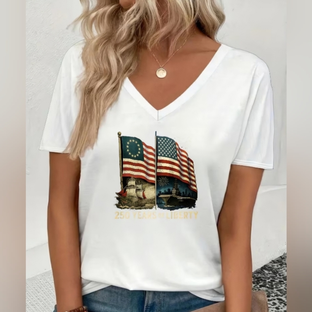 AWSOME T-SHIRT 250 YEARS OF LIBERTY American Flag V-Neck Tee - White 100% COTTON